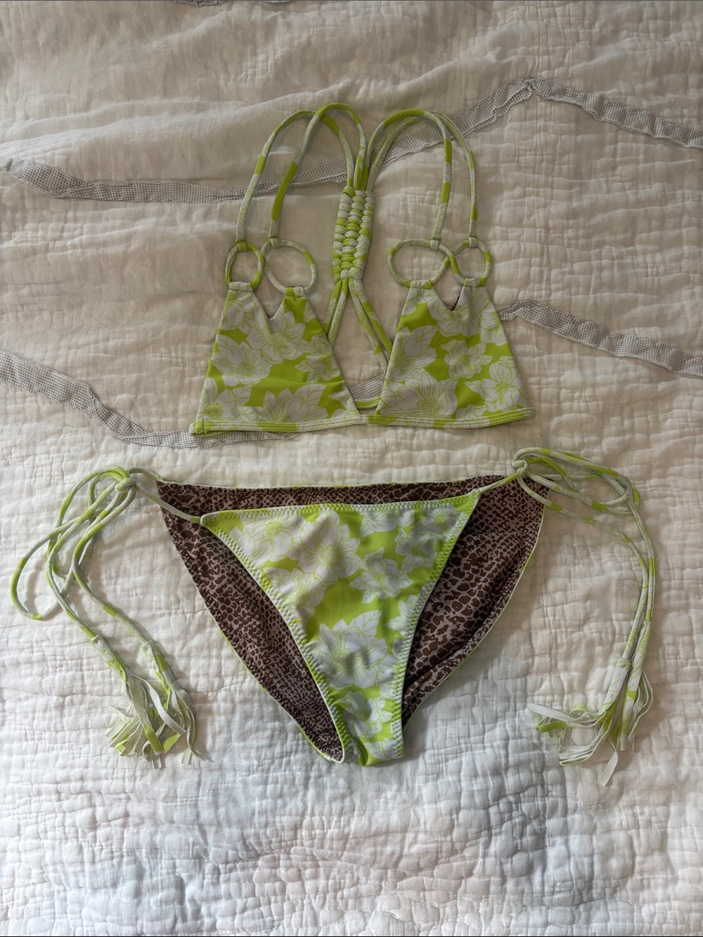 acacia swimwear Lime and White Floral Bikini Thai top and string Bottom P & M